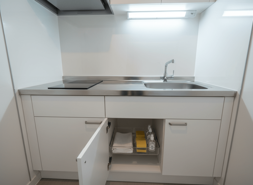 A compact urban vacation rental kitchen that looks freshly cleaned to hotel standards, with stainless-steel countertops polished to a mirror-like sheen, a spotless induction cooktop, and a sink free of any water spots. White cabinet doors sit perfectly aligned, with no fingerprints or smudges visible. A small, folded dish towel and neatly arranged amenities—such as individually wrapped sponges and labeled cleaning supplies—are placed in a transparent organizer under the sink door, left open for viewing. Cool, diffused overhead LED lighting highlights every precise surface without harsh glare. Photographic realism, captured from a slightly elevated angle, creating a sense of efficiency, reliability, and meticulous attention to detail for professional vacation rental cleaning.